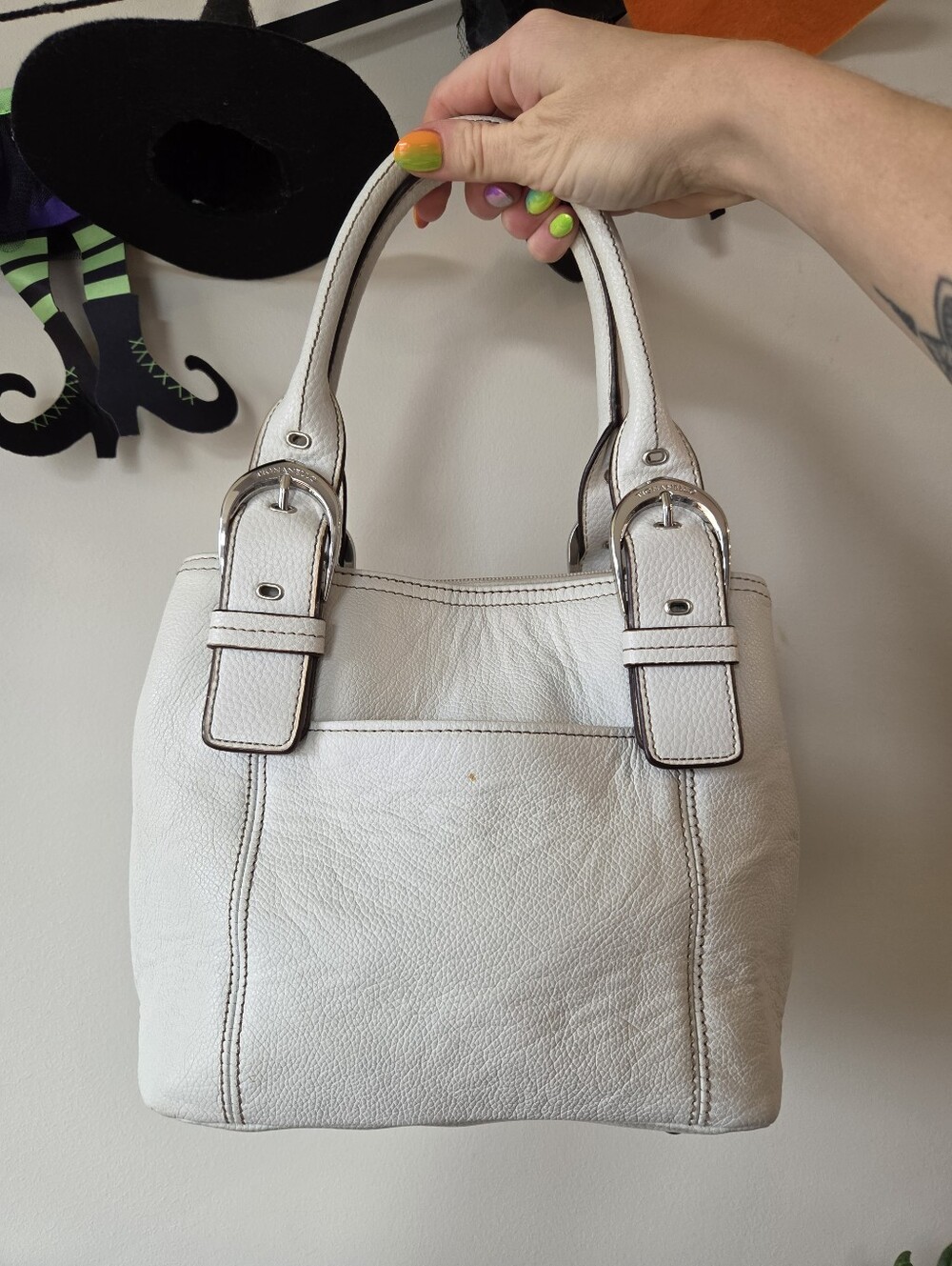 Tignanello White Pebbled Genuine Leather Buckle Satchel Bag *Read Condition